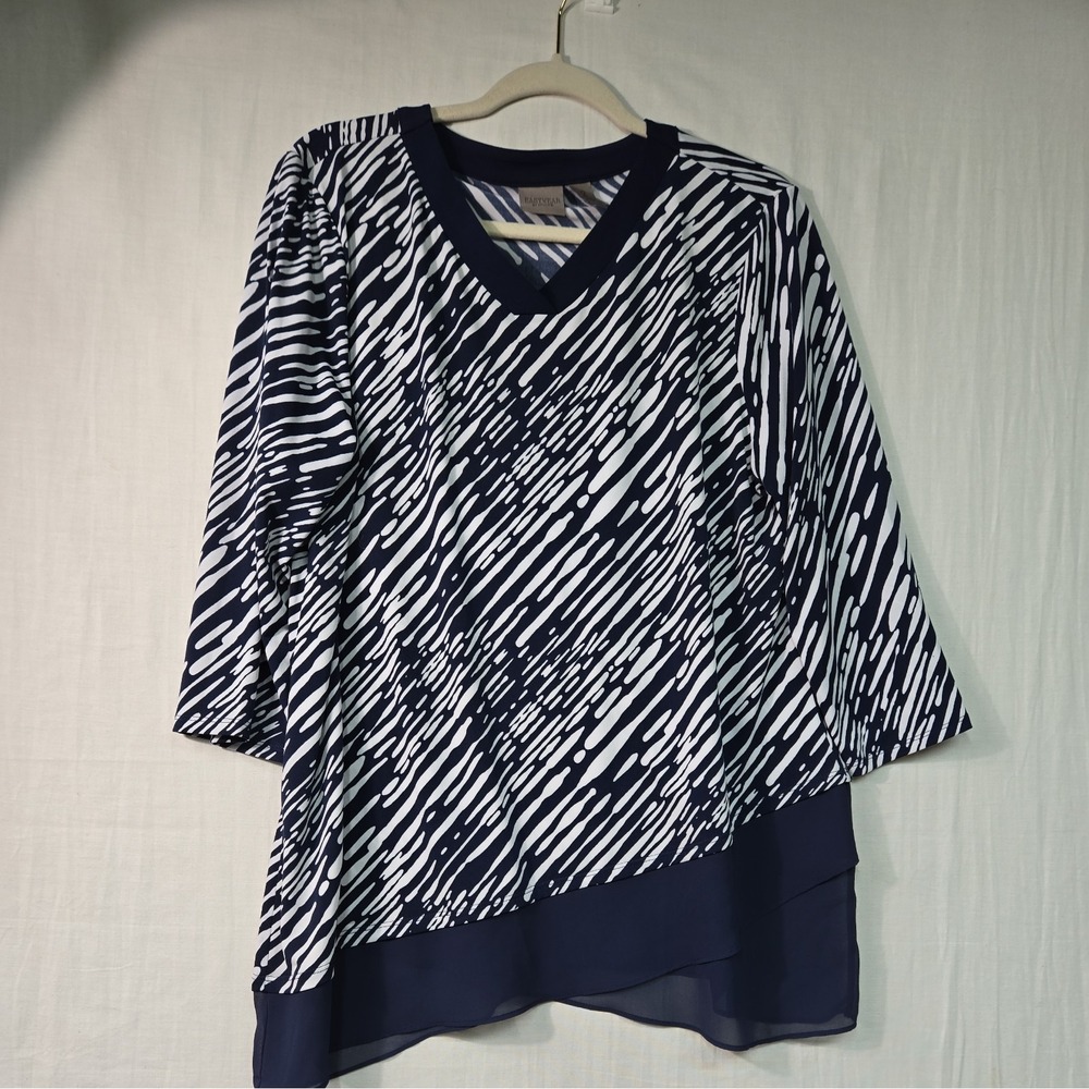 Easywear by Chico's Women' 2 (L) Blue White 3/4 Sleeves Blouse Siffon Layer Hem